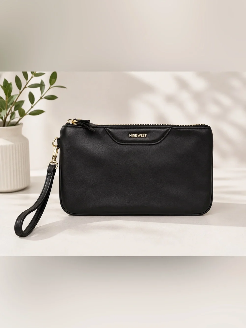 Nine West Black Leather Wristlet with Gold Hardware
